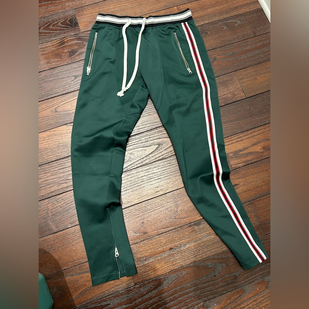 Designer Satin Green Track Pants with Red and White Stripes